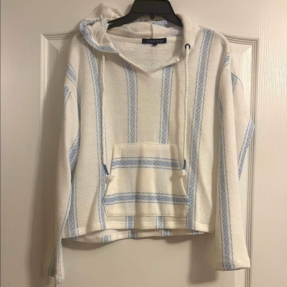 Hoodie for women by Ocean Drive. White with blue strips. In excellent condition.